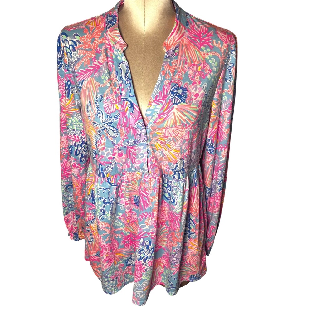 Lilly Pulitzer Pink Blue Sea Life Print V-Neck Empire Waist Tunic Top Medium